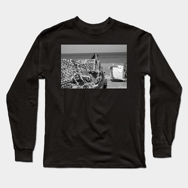 Lobster and crab pots on a fishing boat on the Norfolk coast Long Sleeve T-Shirt by yackers1